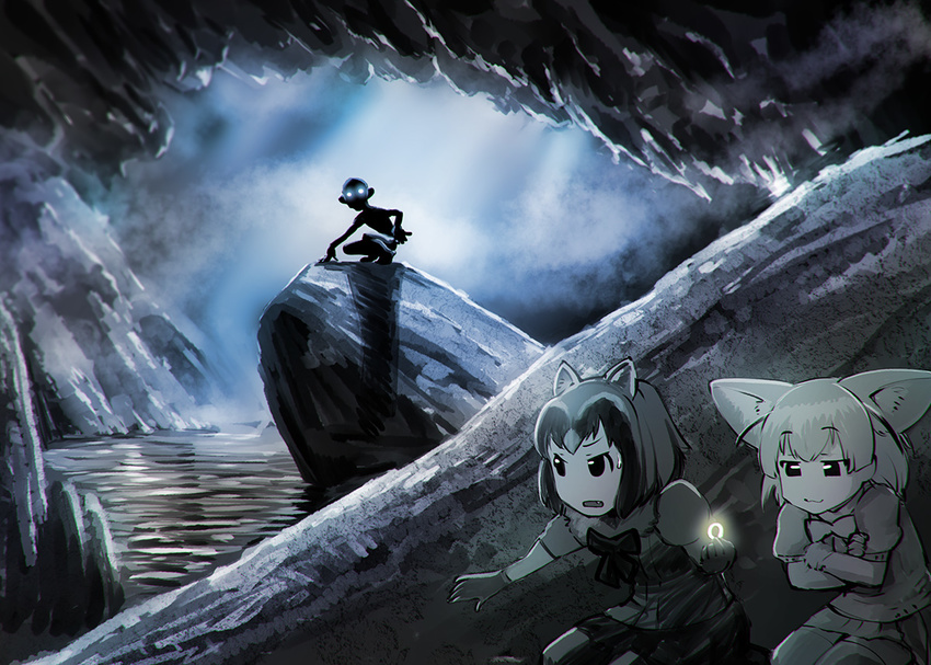 2girls :3 animal_ears bow bowtie cave chromatic_aberration closed_mouth commentary common_raccoon_(kemono_friends) crossed_arms crossover fang fennec_(kemono_friends) fox_ears gloves glowing glowing_eyes gollum hiding holding holding_ring jewelry kemono_friends looking_at_viewer lord_of_the_rings movie_reference multiple_girls open_mouth parody puffy_short_sleeves puffy_sleeves raccoon_ears ring short_sleeves skirt squatting sweatdrop sweater the_hobbit the_one_ring thighhighs ueyama_michirou water