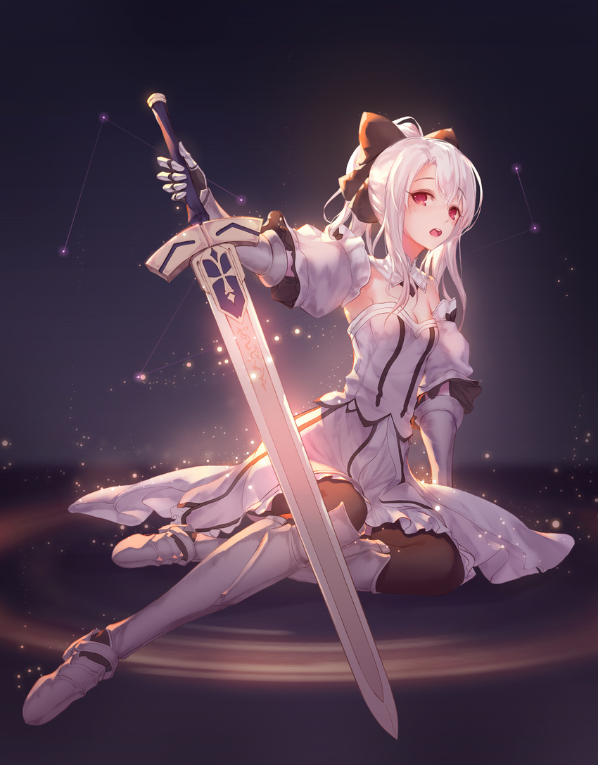 absurdres armor armored_boots armored_dress armpits artoria_pendragon_(all) bare_shoulders black_legwear blush boots bow bracer breasts cleavage commentary cosplay detached_sleeves dress excalibur eyebrows_visible_through_hair fate/kaleid_liner_prisma_illya fate_(series) full_body garter_straps gauntlets godoju grey_footwear hair_bow highres holding holding_sword holding_weapon illyasviel_von_einzbern knee_boots light_particles long_hair looking_at_viewer metal_boots open_mouth ponytail ripples saber saber_lily saber_lily_(cosplay) sitting small_breasts solo sword thighhighs weapon white_dress white_hair
