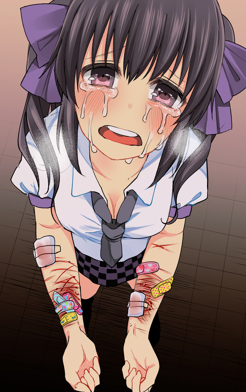 bandaid bangs bare_arms black_hair black_legwear black_neckwear blush breasts breath cleavage collared_shirt commentary crying crying_with_eyes_open cuts d: fingernails floor floral_print flower from_above frown hair_between_eyes hair_ribbon hata-tan heart heart_print highres himekaidou_hatate indoors injury kneehighs long_hair looking_at_viewer looking_up miniskirt necktie open_mouth outstretched_arms pink_eyes plaid plaid_skirt polka_dot purple_ribbon purple_skirt ribbon sad shiori_(moechin) shirt sidelocks skirt slit_wrist small_breasts solo streaming_tears tareme tears teeth tongue touhou twintails white_shirt wrist_cutting