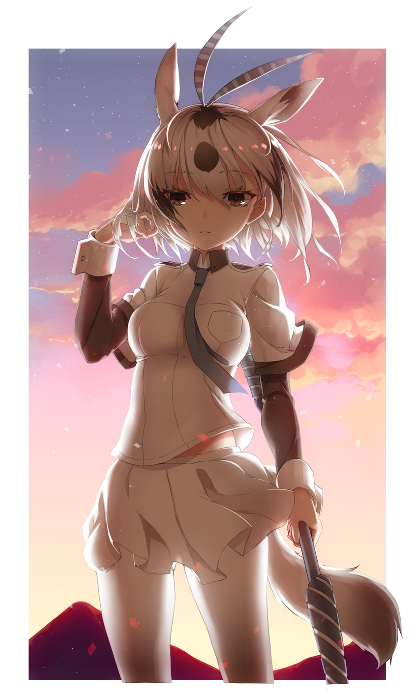 animal_ears antenna_hair arabian_oryx_(kemono_friends) backlighting black_neckwear breasts brown_eyes brown_hair closed_mouth cloud commentary extra_ears eyebrows_visible_through_hair frown hair_between_eyes hand_in_hair highres holding holding_weapon horn_lance kemono_friends long_sleeves looking_at_viewer medium_breasts multicolored_hair necktie neko7 oryx_ears outdoors pantyhose shirt skirt sky solo standing sunset two-tone_hair weapon white_legwear white_shirt white_skirt wind wrist_cuffs