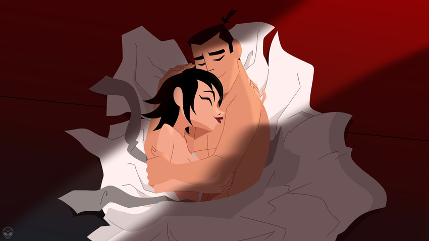 1girl after_sex ashi_(samurai_jack) black_hair closed_eyes commentary couple hetero highres lips nude samurai_jack samurai_jack_(character) short_hair smile spoilers spooning thick_eyebrows zone