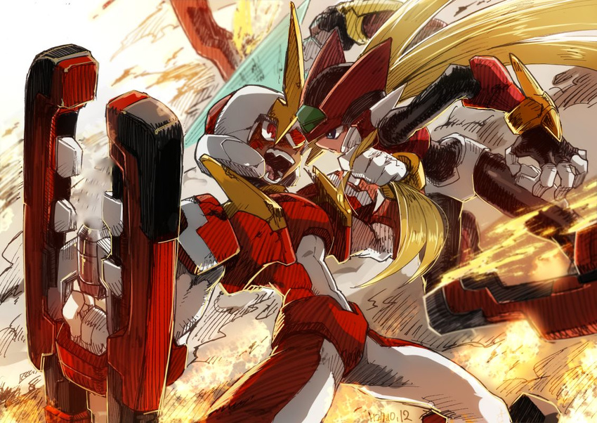 armor battle blonde_hair blue_eyes commentary_request duel fafnir fang gem gun hair_pull helmet long_hair looking_at_another multiple_boys open_mouth red_eyes rockman rockman_zero sword weapon yuriyuri_(ccc) zero_(rockman)