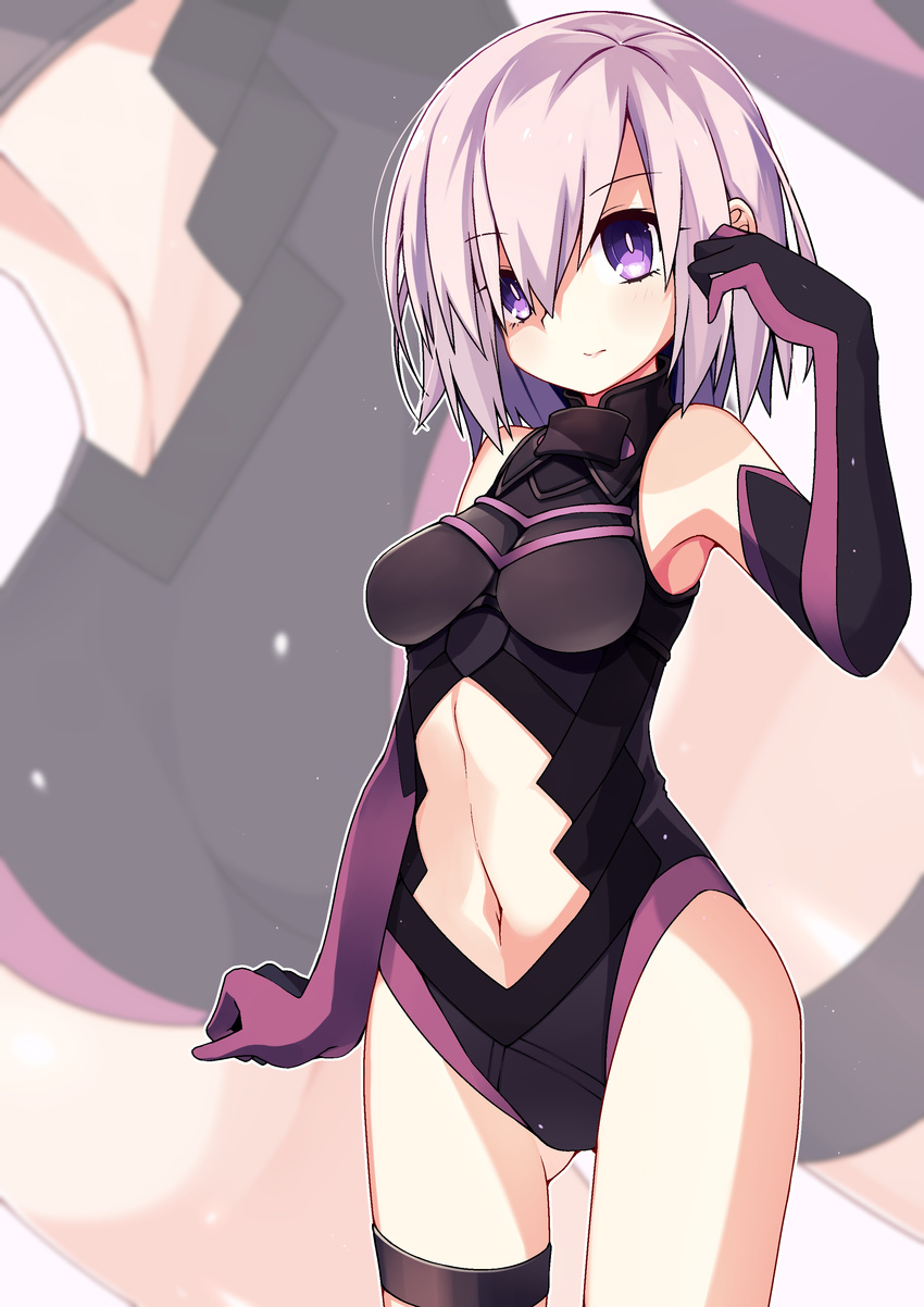 absurdres arm_at_side armpits ass ass_visible_through_thighs back back_cutout bangs bare_shoulders black_gloves black_leotard blurry blush breasts bright_pupils clenched_hand closed_mouth commentary_request cowboy_shot depth_of_field elbow_gloves eyebrows_visible_through_hair fate/grand_order fate_(series) from_side gloves hair_between_eyes halterneck hand_up highres impossible_clothes impossible_leotard kotomuke_fuurin legs_apart leotard light_particles lips looking_at_viewer mash_kyrielight md5_mismatch medium_breasts multicolored multicolored_clothes multicolored_gloves multiple_views navel navel_cutout outline parted_bangs purple_eyes purple_gloves short_hair silver_hair skin_tight standing stomach thigh_strap thighs turtleneck white_outline