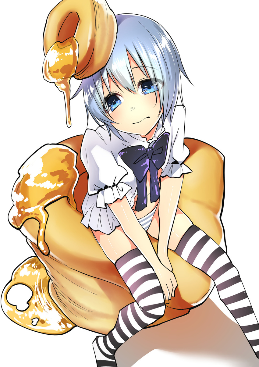 1girl 3: bangs between_legs biscuit bisuke-tan black_bow blue_eyes blue_hair blush bow bowtie closed_mouth eyebrows_visible_through_hair eyes_visible_through_hair food food_on_head from_above hair_between_eyes hand_between_legs hands_together highres kfc legs_apart looking_away navel nightgown object_on_head panties puffy_short_sleeves puffy_sleeves raised_eyebrows ribbon-trimmed_sleeves ribbon_trim shadow shiori_(moechin) short_hair short_sleeves simple_background sitting skindentation solo straight_hair striped striped_legwear striped_panties syrup thighhighs underwear v_arms white_background zettai_ryouiki