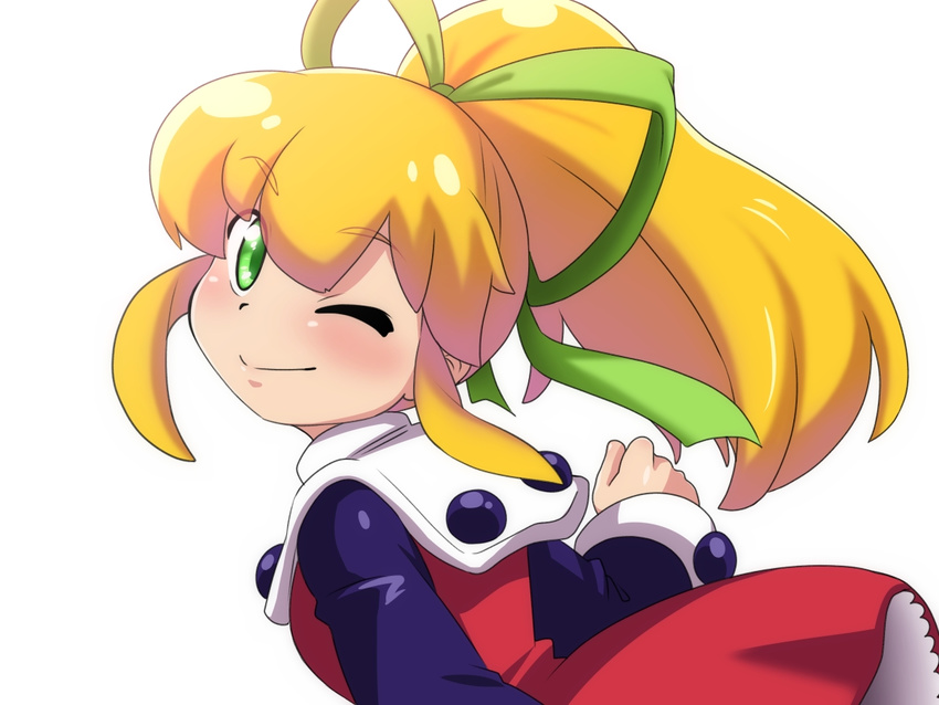 ;) bangs blonde_hair blush breasts closed_mouth commentary_request dress eyebrows_visible_through_hair frilled_dress frills from_behind green_eyes green_ribbon hair_ribbon long_hair long_sleeves looking_at_viewer one_eye_closed ponytail red_dress ribbon rockman rockman_(classic) roll sagamimok shiny shiny_hair sidelocks simple_background small_breasts smile solo turtleneck upper_body white_background