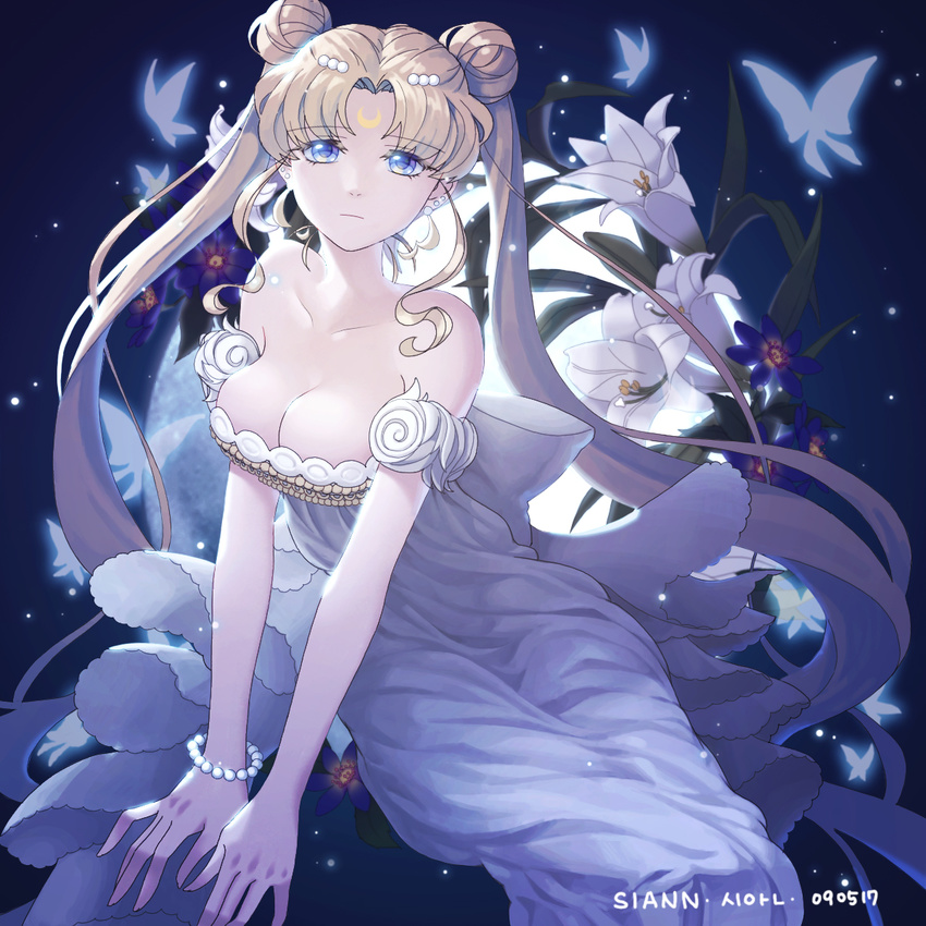 bare_shoulders bishoujo_senshi_sailor_moon blonde_hair blue_background blue_eyes bow bracelet breasts bug butterfly cleavage closed_mouth crescent dated double_bun dress expressionless facial_mark flower forehead_mark highres insect jewelry large_breasts lily_(flower) long_hair looking_at_viewer low_neckline princess_serenity siann signature solo tsukino_usagi twintails white_bow white_dress