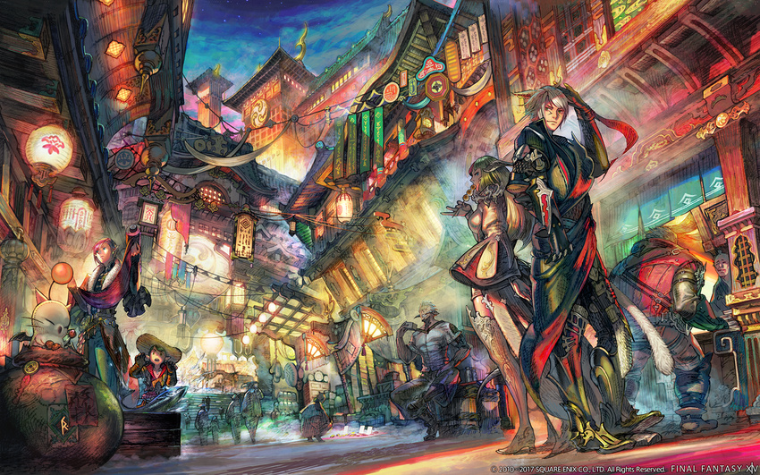 au_ra blue_eyes boots cat_ears cat_tail city closed_eyes dragon_girl dragon_horns elezen elf final_fantasy final_fantasy_xiv food green_hair hat highres horns hyur lalafell long_hair market miqo'te moogle multiple_boys multiple_girls non-web_source official_art pointy_ears roegadyn tail thigh_boots thighhighs watermark white_hair