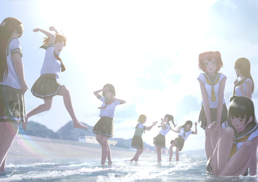 6+girls :d arms_up artist_name backlighting bangs barefoot beach black_hair blonde_hair blush commentary_request day eyes_closed grey_skirt hair_ornament hairclip jumping kunikida_hanamaru kurosawa_dia kurosawa_ruby long_hair love_live! love_live!_sunshine!! matsuura_kanan multiple_girls neckerchief ohara_mari open_mouth outdoors papi_(papiron100) pleated_skirt pushing red_hair red_neckwear sakurauchi_riko school_uniform serafuku shirt short_hair short_sleeves side_bun signature sitting skirt smile takami_chika tsushima_yoshiko two_side_up uranohoshi_school_uniform wading watanabe_you water white_shirt yellow_neckwear