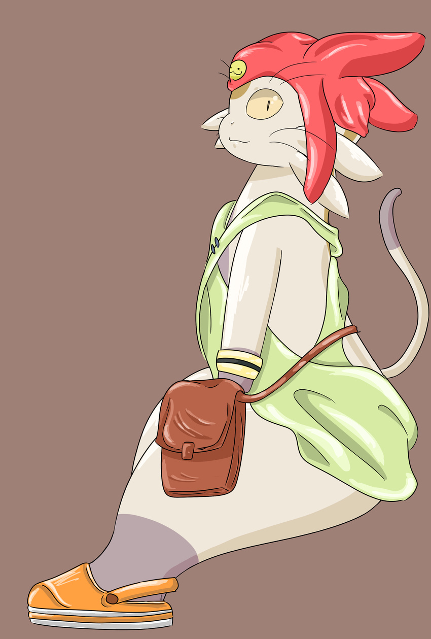 absurd_res bag bracelet cat clothing feline footwear hat hi_res jewelry mammal meow_(space_dandy) salamikii sandals shaded simple_background sitting slit_pupils smile space_dandy thick_thighs tunic yellow_eyes