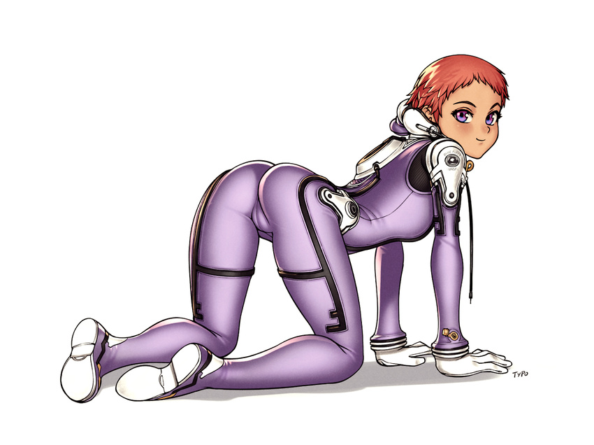 1girl all_fours artist_name blue_submarine_no_6 bodysuit cameltoe diving_suit from_behind highres kino_mayumi looking_at_viewer looking_back purple_bodysuit purple_eyes red_hair short_hair solo typo_(requiemdusk) very_short_hair white_background white_gloves