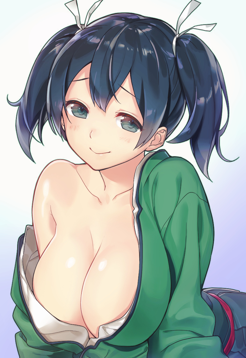 blue_hair breasts clothes_down collarbone colorized commentary_request green_eyes hair_between_eyes hair_ribbon hakama highres japanese_clothes kantai_collection large_breasts looking_at_viewer off_shoulder ribbon shiny shiny_skin smile solo souryuu_(kantai_collection) twintails upper_body white_ribbon yurizuka_(sergeant_heart)