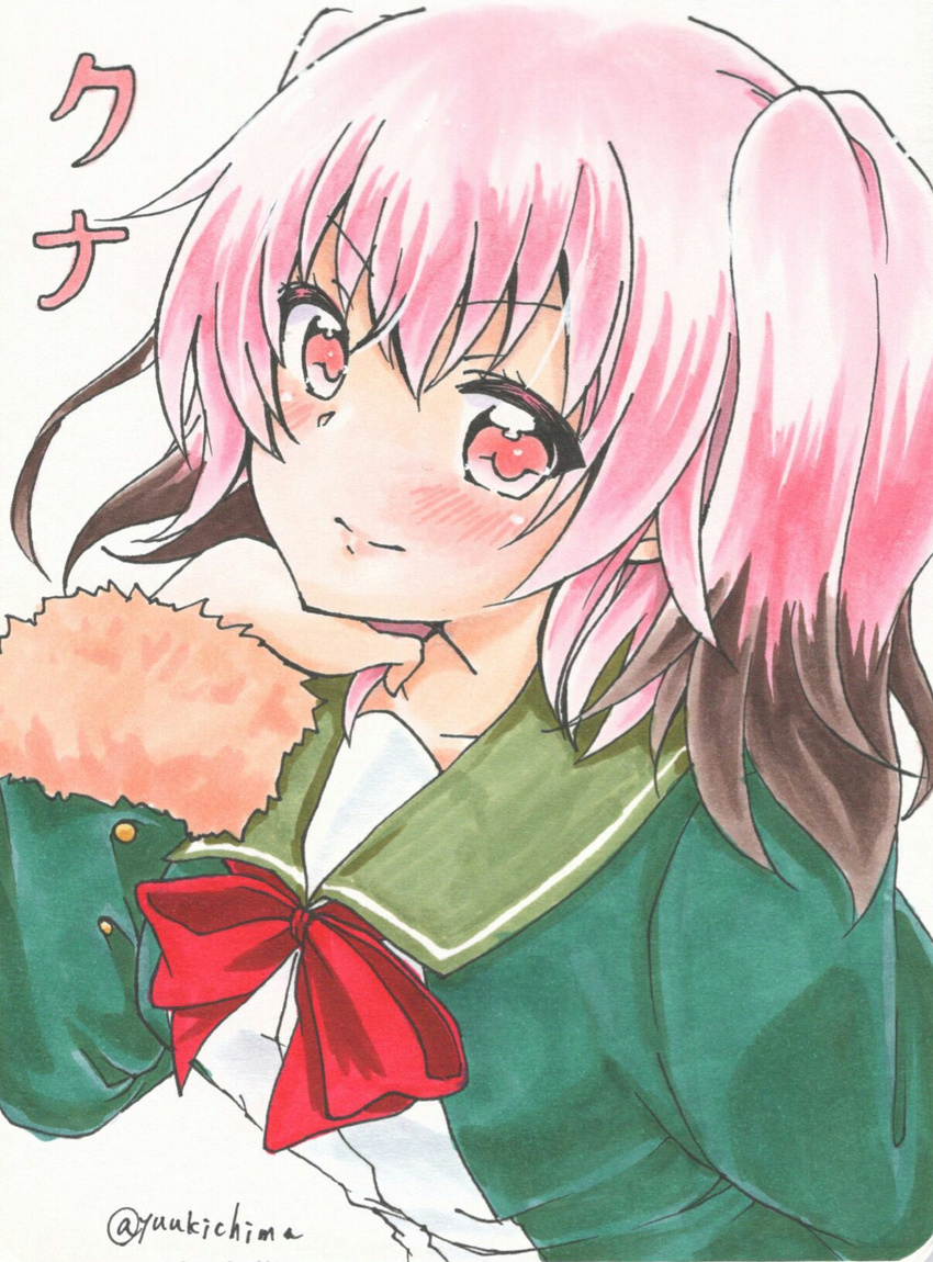 blush bow character_name chin_rest colored_tips commentary_request fur-trimmed_sleeves fur_trim highres kantai_collection kunashiri_(kantai_collection) leaning_forward lips looking_at_viewer marker_(medium) pink_eyes pink_hair red_bow simple_background solo traditional_media twitter_username two_side_up upper_body white_background yuuki_chima