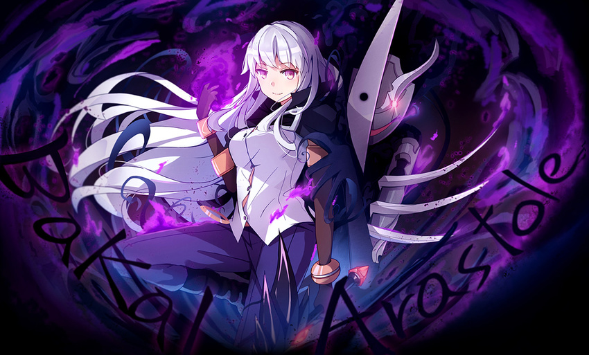 breasts brown_gloves character_request dungeon_and_fighter elbow_gloves eyebrows_visible_through_hair gloves large_breasts long_hair looking_at_viewer pot-palm purple_eyes silver_hair smile solo