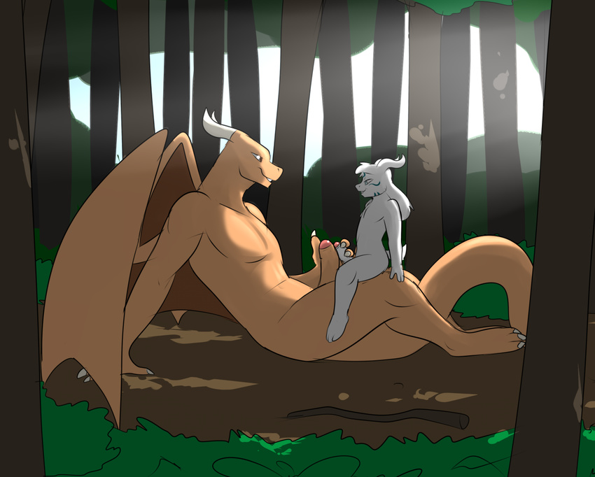 boss_monster dragon duo erection foreskin forest metal_(artist) nude pancakes_(character) penis silroidan tree undertale video_games