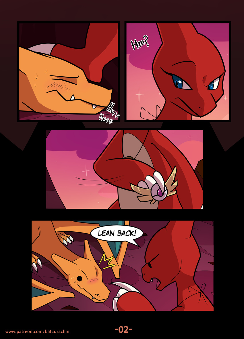 2017 absurd_res blitzdrachin blush cave charizard charmeleon claws comic detailed_background digital_media_(artwork) dragon female feral fire hi_res male nervous nintendo pok&eacute;mon pok&eacute;mon_mystery_dungeon size_difference sky smaller_female sunset video_games