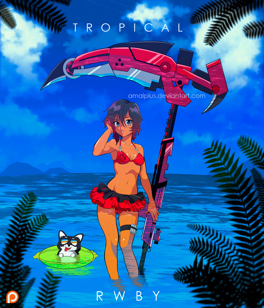 1girl beach bikini breasts dark_skin dog ruby_rose rwby scythe short_hair skirt tan zwei_(rwby)