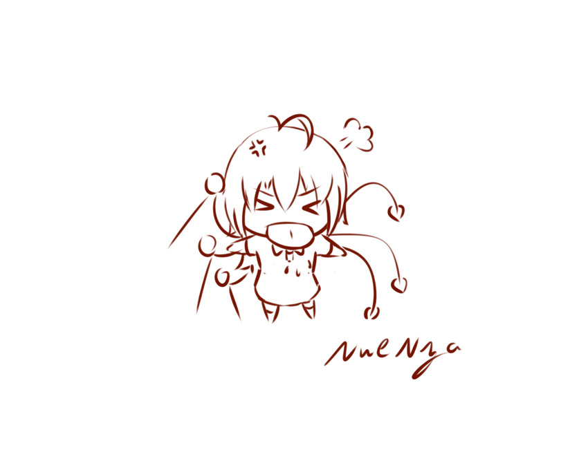 &gt;_&lt; anger_vein angry artist_name asymmetrical_wings chibi closed_eyes disgust full_body houjuu_nue monochrome nuenya sketch solo tongue tongue_out touhou wings