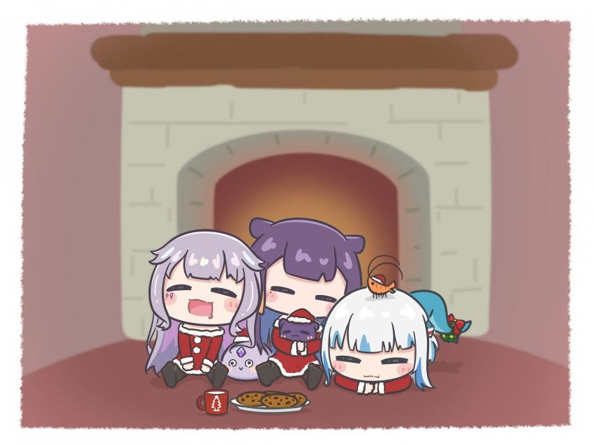 3girls :&gt; :3 absurdres alternate_costume blue_hair blush_stickers cookie cup drooling ebi-chan_(gawr_gura) fins fireplace fish_tail food gawr_gura hair_ornament hat highres hololive hololive_english hug koseki_bijou long_hair lying milk mpien mug multicolored_hair multiple_girls ninomae_ina'nis on_stomach orange_hair pebble_(koseki_bijou) santa_costume santa_hat shark_hair_ornament shark_tail shrimp sitting sleeping tail takodachi_(ninomae_ina'nis) tentacle_hair two_side_up virtual_youtuber white_hair