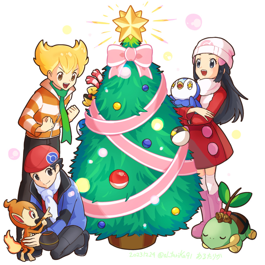 1girl 2boys arutarika_(ri_kaoekaki) barry_(pokemon) beanie beret black_hair blonde_hair boots buttons chimchar chingling christmas christmas_tree closed_mouth coat commentary_request dawn_(pokemon) green_scarf hair_ornament hairclip hat holding holding_pokemon jacket long_hair long_sleeves lucas_(pokemon) multiple_boys over-kneehighs pants piplup pokemon pokemon_(creature) pokemon_dppt pokemon_platinum red_coat red_headwear scarf shoes short_hair smile starter_pokemon_trio striped striped_jacket thighhighs tree turtwig white_background
