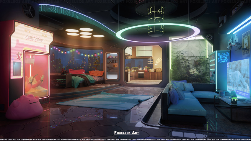 3d absurdres air_conditioner artist_name banana bed bedroom blanket blender_(medium) bonsai book book_stack bookshelf building can ceiling ceiling_light city_lights cityscape coffee_table commentary couch cup_ramen ditto energy_drink english_commentary filian_(vtuber) flat_screen_tv floor flower food fox_mask foxeleos fruit glowing highres indie_virtual_youtuber indoors kitchen kunai living_room mask monster_energy neon_lights night no_humans original oven photoshop_(medium) pillow plant pokemon reflective_floor rug scenery shelf steam string_of_light_bulbs stuffed_toy table television tile_ceiling tile_floor tiles vending_machine virtual_youtuber wanted watermark weapon white_flower