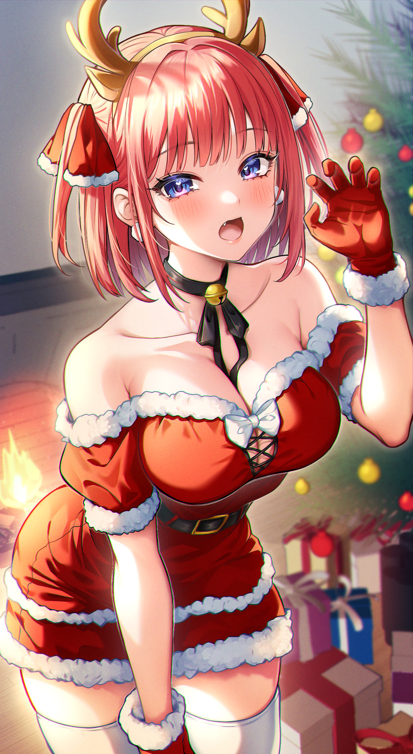 absurdres antlers bell belt belt_buckle black_belt black_ribbon blue_eyes blunt_bangs bob_cut box breasts buckle christmas christmas_tree collarbone dress earrings fake_antlers fang fur-trimmed_dress fur-trimmed_gloves fur_trim gift gift_box gloves go-toubun_no_hanayome hair_ribbon heart heart-shaped_pupils highres indoors jewelry kurosaki_coco large_breasts leaning_forward looking_at_viewer nakano_nino neck_bell neck_ribbon off-shoulder_dress off_shoulder open_mouth paw_pose pink_hair red_dress red_gloves red_ribbon reindeer_antlers ribbon ribbon_between_breasts santa_dress short_hair sidelocks symbol-shaped_pupils thighhighs white_thighhighs