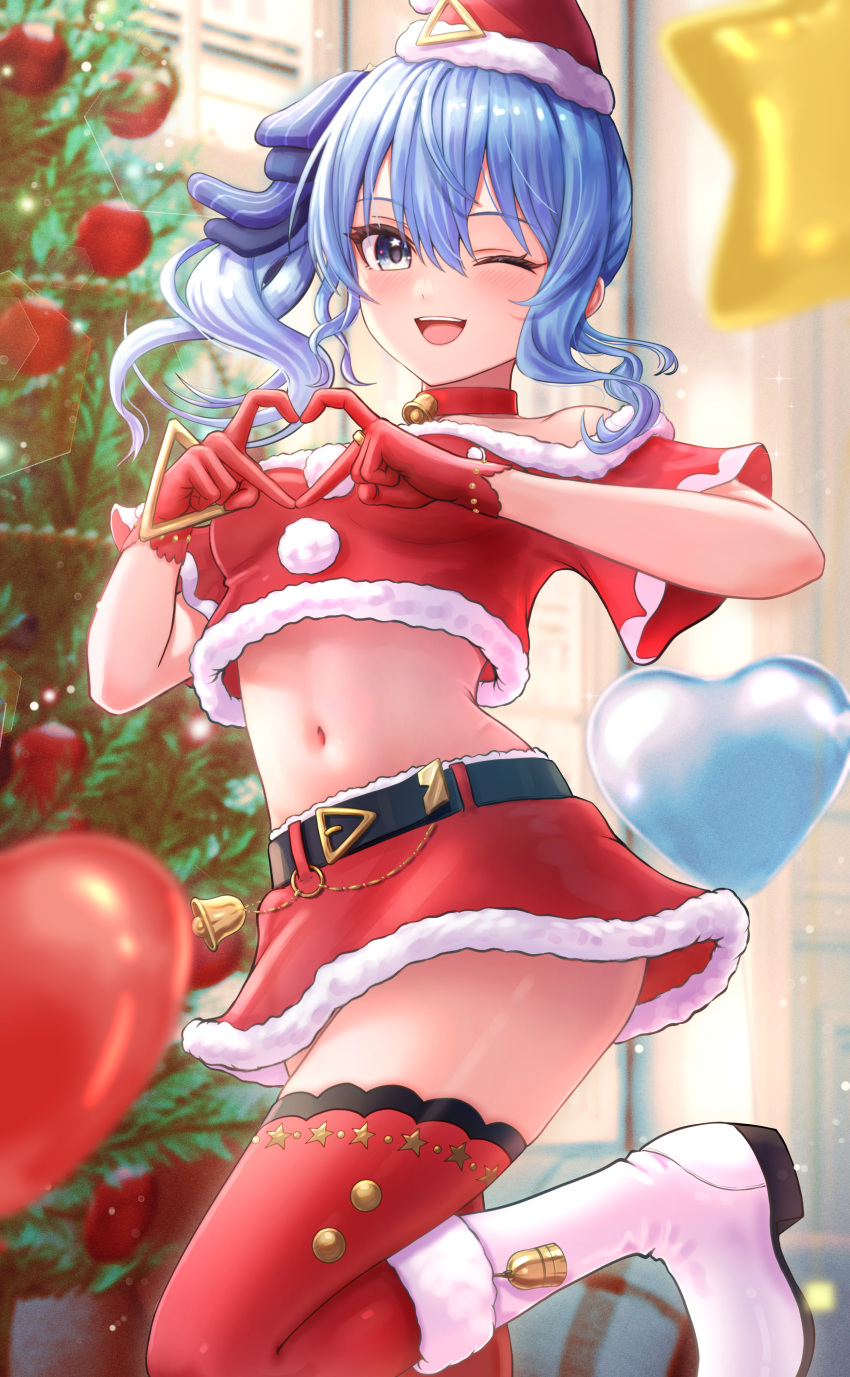 1girl :d absurdres alternate_costume bare_shoulders bell belt black_belt blue_eyes blue_hair blush boots breasts christmas christmas_ornaments christmas_tree collar cropped_shirt fur-trimmed_boots fur-trimmed_headwear fur-trimmed_shirt fur-trimmed_skirt fur_trim gloves hair_between_eyes hair_ribbon hat heart heart_hands highres hololive hoshimachi_suisei jingle_bell knee_boots long_hair looking_at_viewer midriff navel neck_bell off-shoulder_shirt off_shoulder one_eye_closed red_collar red_gloves red_headwear red_shirt red_skirt red_thighhighs ribbon santa_hat shirt side_ponytail skirt small_breasts smile solo standing standing_on_one_leg star_(symbol) star_in_eye symbol_in_eye teeth thighhighs thighs upper_teeth_only virtual_youtuber wajuniorbox white_footwear