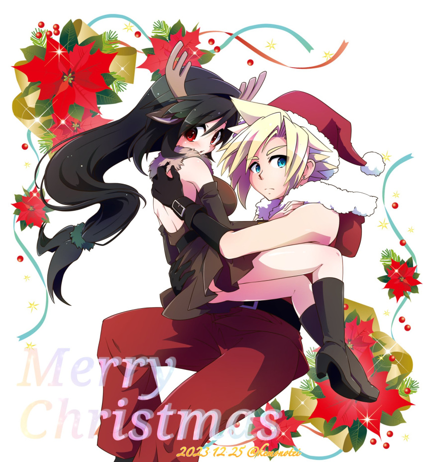 1boy 1girl animal_ears antlers ass backless_dress backless_outfit bare_shoulders belt belt_buckle black_gloves black_hair blonde_hair blue_eyes blush boots breasts brown_dress buckle chaotic_dragon christmas closed_mouth cloud_strife commentary_request cosplay couple dated deer_ears dress fake_animal_ears fake_antlers final_fantasy final_fantasy_vii final_fantasy_vii_ever_crisis final_fantasy_vii_remake floral_background fur-trimmed_headwear fur-trimmed_jacket fur_trim gloves hand_on_another's_ass hand_on_another's_back hat high_heel_boots high_heels highres hood hood_down hooded_jacket jacket knee_boots large_breasts long_hair looking_at_viewer low-tied_long_hair merry_christmas pants parted_lips pom_pom_(clothes) red_eyes red_headwear red_jacket red_pants reindeer_antlers rudolph_the_red_nosed_reindeer rudolph_the_red_nosed_reindeer_(cosplay) santa_costume santa_hat short_dress sparkle spiked_hair tifa_lockhart twitter_username very_long_hair