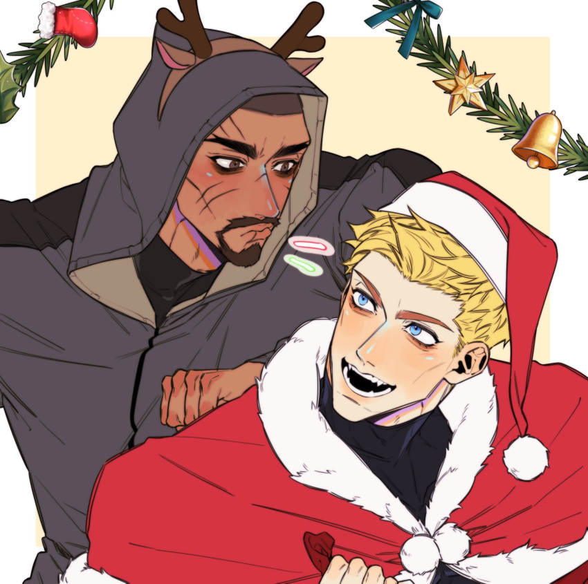 2boys beard christmas couple dark-skinned_male dark_skin facial_hair goatee hat highres interracial looking_at_another looking_back male_focus mature_male multiple_boys mustache overwatch overwatch_1 reaper_(overwatch) red_headwear santa_costume santa_hat scar short_hair soldier:_76_(overwatch) thick_beard thick_eyebrows upper_body yaoi yxkhage
