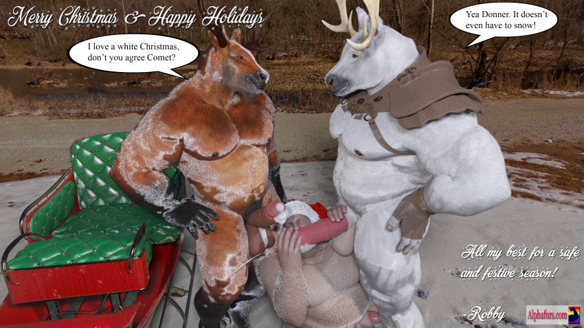 16:9 4k absurd_res anthro antlers bodily_fluids christmas christmas_clothing christmas_headwear clothing comet_(reindeer) cum deer donner english_text fellatio gangbang genital_fluids group group_sex hat headgear headwear hi_res holidays horn humanoid intersex intersex/male male male/male mammal new_world_deer oral penile reindeer santa_claus santa_hat sex text trio url widescreen