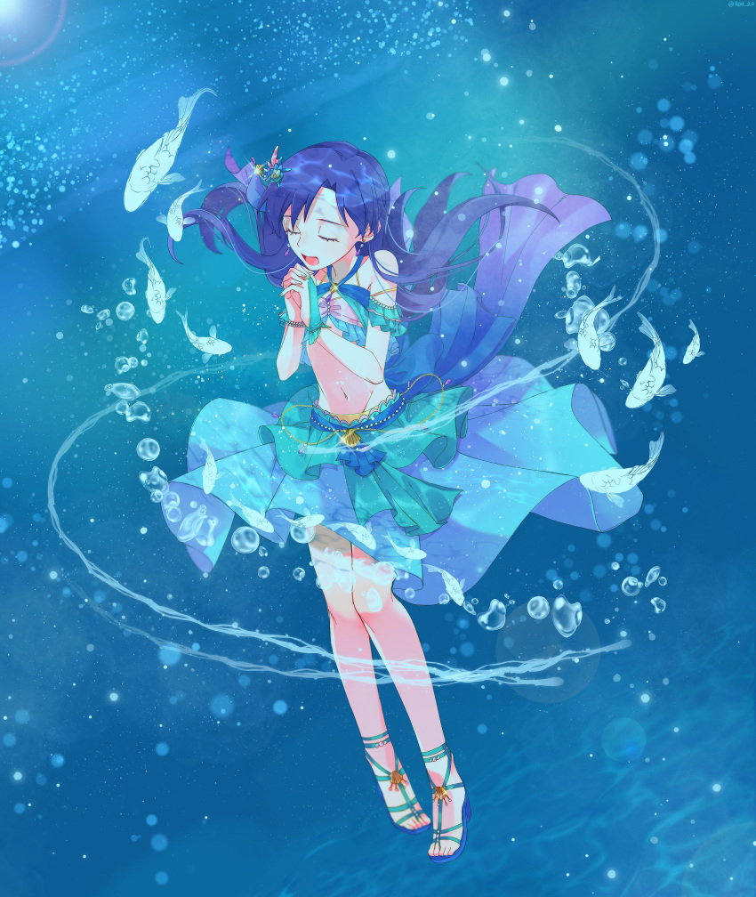 1girl absurdres air_bubble arm_scrunchie bare_shoulders belly_chain bikini blue_footwear blue_hair bracelet bridal_gauntlets bubble closed_eyes earrings fish flat_chest full_body glint green_scrunchie hands_up highres idolmaster idolmaster_(classic) idolmaster_million_live! idolmaster_million_live!_theater_days interlocked_fingers jewelry kisaragi_chihaya layered_bikini lens_flare long_hair lunim_(roo_0_0) multicolored_bikini multicolored_clothes navel open_mouth pearl_bracelet scrunchie shell_hair_ornament single_bridal_gauntlet solo strappy_heels swimsuit underwater