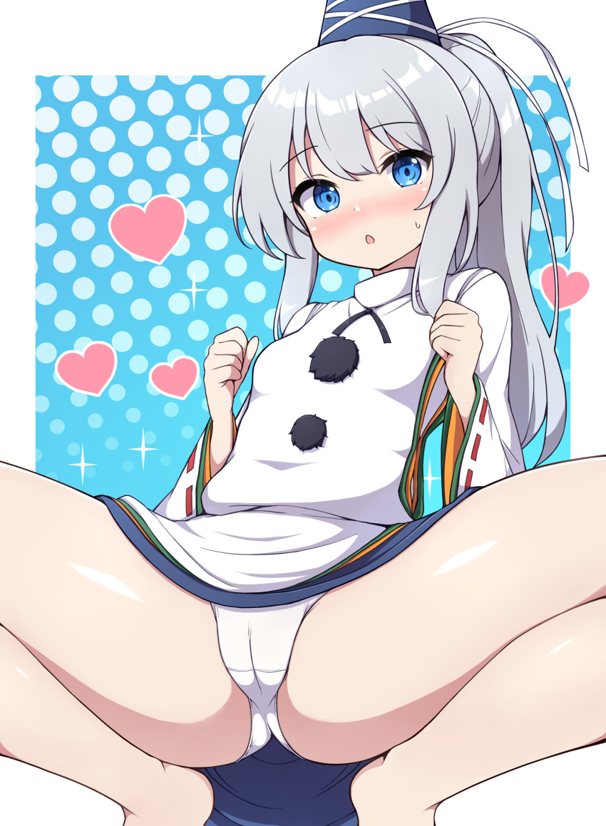 1girl ass barefoot blue_eyes blue_headwear blush grey_hair hair_between_eyes hat heart highres japanese_clothes kariginu long_hair looking_at_viewer mononobe_no_futo no_pants panties parted_lips pom_pom_(clothes) rizento solo squatting tate_eboshi thighs touhou underwear white_panties