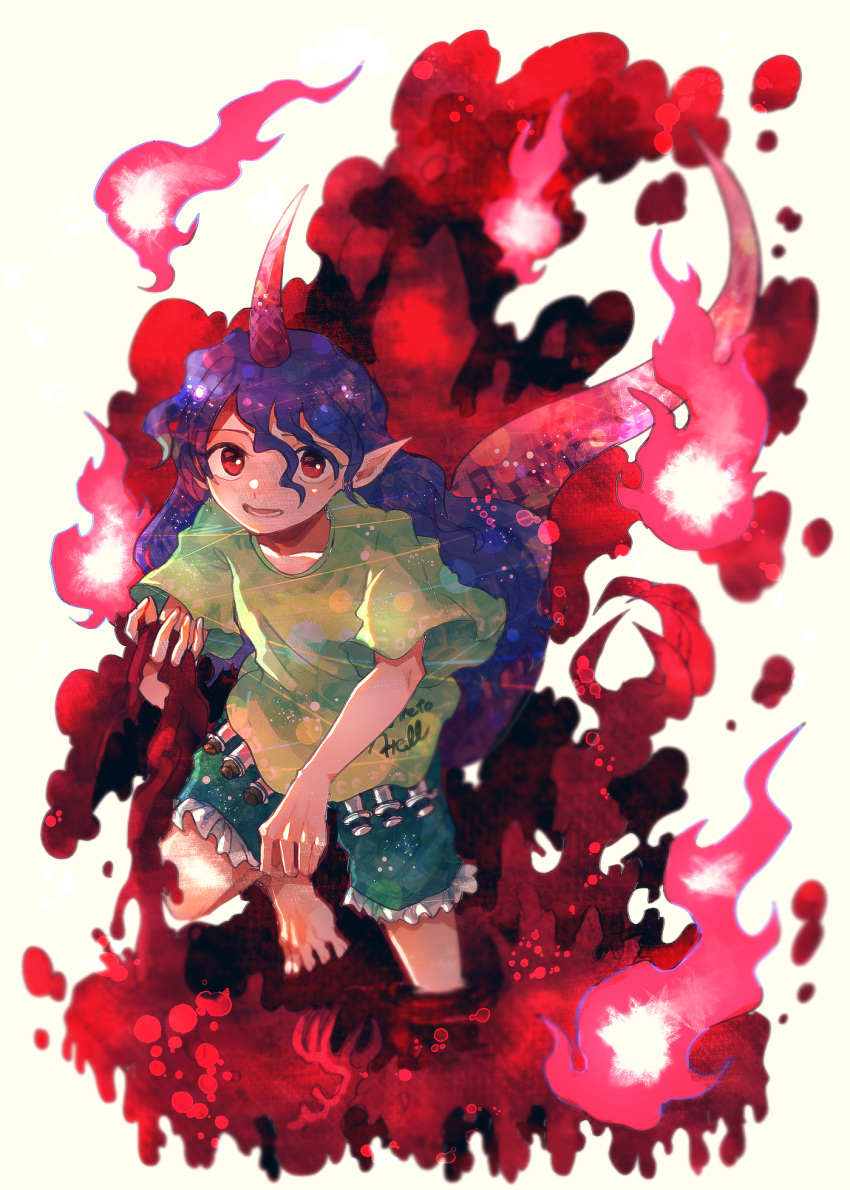 1girl barefoot fire green_shirt green_shorts highres horns itomugi-kun long_hair looking_at_viewer open_mouth pointy_ears purple_hair red_eyes red_horns red_tail shirt short_sleeves shorts simple_background single_horn solo tail tenkajin_chiyari touhou white_background