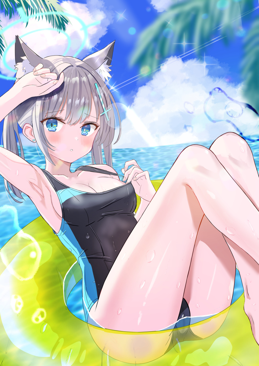 1girl absurdres animal_ear_fluff animal_ears black_one-piece_swimsuit blue_archive blue_eyes blue_sky blurry breasts clothes_pull cloud commentary_request competition_swimsuit covered_navel cross_hair_ornament day depth_of_field extra_ears feet_out_of_frame grey_hair hair_ornament halo highres horizon innertube low_ponytail medium_breasts medium_hair mismatched_pupils multicolored_clothes multicolored_swimsuit ocean official_alternate_costume one-piece_swimsuit one-piece_swimsuit_pull outdoors ria_(riamerun) shiroko_(blue_archive) shiroko_(swimsuit)_(blue_archive) sky solo swimsuit water wolf_ears