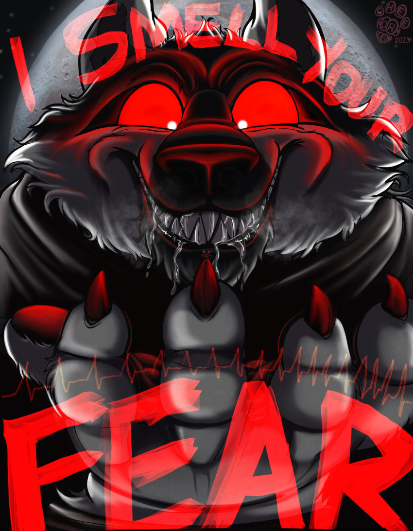 2023 5_fingers anthro artist_logo artist_name bared_teeth big_eyes biped black_cape black_clothing black_pawpads black_robe bodily_fluids boots breath canid canine canis cape cheek_tuft cheenormus chin_tuft claws clenched_teeth clothed clothed_anthro clothed_male clothing creepy dated death_(puss_in_boots) domestic_cat dreamworks dripping drooling duo facial_tuft felid feline felis finger_claws fingers footwear fully_clothed fur glowing glowing_eyes grey_body grey_fur grin hat hat_feather head_tuft headgear headwear hi_res holding_melee_weapon holding_object holding_sword holding_weapon logo looking_at_another looking_down looking_down_at_another looking_up looking_up_at_another loose_feather macro macro_focus male mammal melee_weapon moon night open_mouth open_smile orange_body orange_fur outside panting pawpads paws puss_in_boots_(character) puss_in_boots_(dreamworks) rapier red_claws red_eyes red_glow red_sclera robe saliva saliva_drip saliva_string salivating scared scary shaking sharp_claws sharp_teeth sky smile snarling solo_focus star starry_sky steam steamy_breath sword teeth teeth_showing toothy_grin trembling tuft weapon wide_smile wolf
