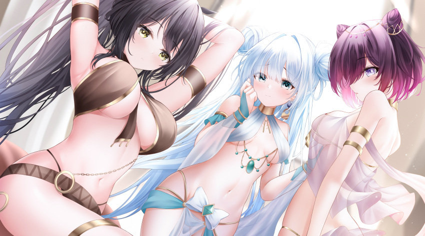 3girls absurdres alternate_costume arms_behind_head azur_lane black_hair blue_gemstone blue_hair breasts cone_hair_bun double_bun dutch_angle gem gold_trim green_eyes hair_bun harem_outfit highres indomitable_(azur_lane) janus_(azur_lane) jervis_(azur_lane) jewelry large_breasts long_hair looking_at_viewer medium_breasts multiple_girls proverbs_zhenyan purple_eyes purple_hair revealing_clothes see-through sitting small_breasts stomach thigh_strap very_long_hair