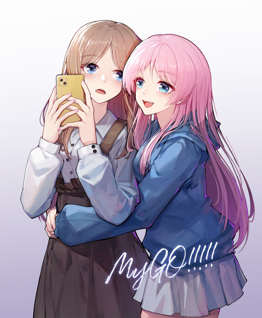 2girls :d bang_dream! bang_dream!_it's_mygo!!!!! blue_eyes blue_hoodie brown_hair brown_skirt buttons cellphone chihaya_anon collared_shirt fang gradient_background highres holding holding_phone hood hoodie hug light_blush long_hair long_sleeves looking_at_another looking_at_object multiple_girls nagasaki_soyo phone pink_hair shirt skirt smartphone smile suspender_skirt suspenders white_skirt yun_cao_bing yuri