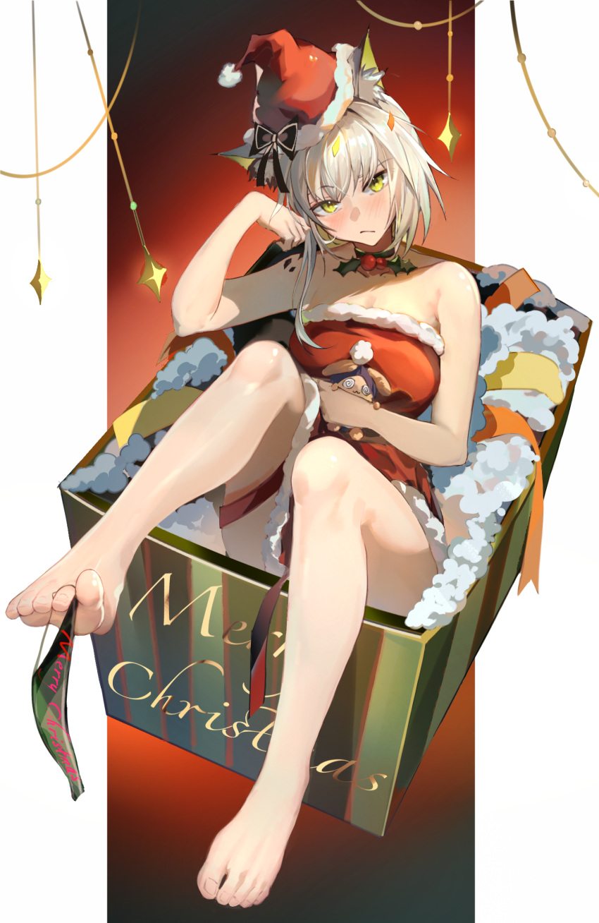 1girl alternate_costume animal_ear_fluff animal_ears arknights arm_rest arm_support armpit_crease bare_legs bare_shoulders barefoot between_toes black_ribbon blush box breasts chinese_commentary choker christmas christmas_lights christmas_present cleavage closed_mouth collarbone commentary_request dress english_commentary expressionless feet foot_focus foot_up foreshortening from_above full_body fur-trimmed_dress fur-trimmed_headwear fur_trim gift gift_box gift_wrapping gradient_background green_background green_choker green_eyes grey_hair hair_between_eyes hand_in_own_hair hand_on_own_stomach hand_up hat hat_ribbon head_tilt highres holding holding_stuffed_toy holding_with_feet in_box in_container invisible_floor kal'tsit_(arknights) knees knees_up legs long_hair looking_at_viewer looking_up lying lynx_ears lynx_girl medium_breasts merry_christmas mistletoe mixed-language_commentary on_back open_box oripathy_lesion_(arknights) outside_border pillarboxed pom_pom_(clothes) red_background red_dress red_headwear red_ribbon ribbon santa_hat shadow short_dress single_sidelock solo strapless strapless_dress stuffed_toy tabayashi thighs toenails toes toes_up yellow_ribbon