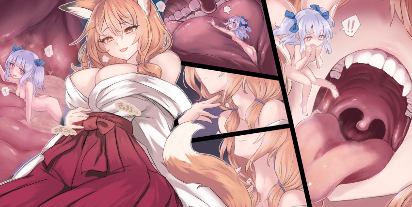 2girls ? animal_ears blonde_hair blue_bow blue_hair bow breasts bright_pupils cleavage clothed_female_nude_female commission fox_ears fox_girl fox_tail giant giantess hair_bow hand_on_own_stomach heart high-waist_skirt highres imminent_vore inside_creature japanese_clothes large_breasts light_blue_hair mini_person minigirl multiple_girls nude open_mouth original purple_eyes red_skirt saliva saliva_trail scared second-party_source skirt small_breasts spoken_heart spoken_question_mark stomach_(organ) swallowing tail teeth throat_bulge tongue tongue_out utopia uvula vore white_pupils yellow_eyes