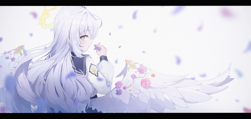 1girl absurdres angel_wings azusa_(blue_archive) black_dress blue_archive dress feathered_wings flower halo highres holding holding_flower jacket letterboxed long_hair long_sleeves petals pink_eyes pink_flower profile purple_flower qingshanbm solo textless_version white_hair white_jacket white_wings wings yellow_halo