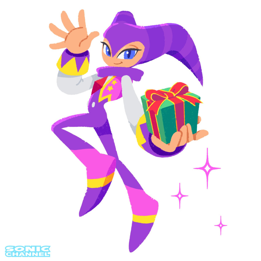 1:1 ambiguous_gender anthro blue_eyes christmas clothing floating_hands gem gift hi_res holidays humanoid jester logo long_sleeves looking_at_viewer nightmaren nights nights_into_dreams not_furry official_art purple_clothing sega simple_background smile solo sparkles star tight_clothing uno_yuuji