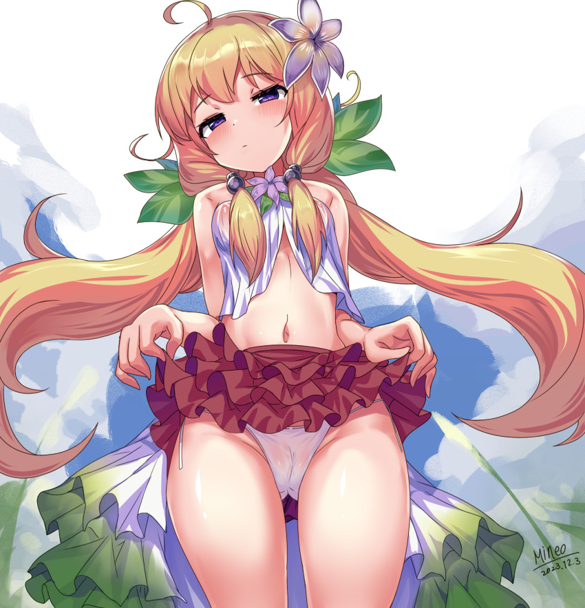 1girl ahoge bare_shoulders blonde_hair blush breasts cameltoe clothes_lift damarinasai_(mineo) dress duel_monster flower gradient_dress hair_flower hair_ornament highres leaf lifted_by_self long_hair midriff navel panties plant purple_eyes red_skirt side-tie_panties skirt skirt_lift sky small_breasts solo standing thighs traptrix_nepenthes twintails underwear white_dress white_panties yu-gi-oh!