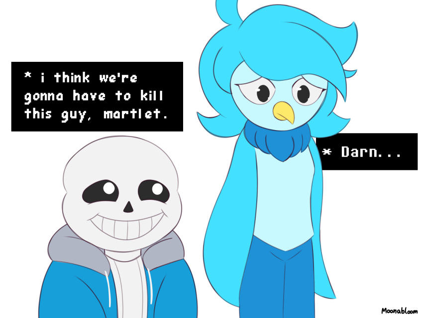 anthro avian beak bird blue_body bone clothed clothing dialogue digital_media_(artwork) duo english_text female hair hi_res humanoid i_think_we're_gonna_have_to_kill_this_guy male martlet_(undertale_yellow) meme moonabloom not_furry sans_(undertale) simple_background skeleton smile text undead undertale undertale_(series) undertale_yellow white_body wings