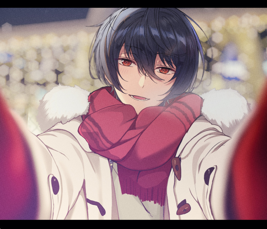 1boy absurdres black_hair blush coat ensemble_stars! fur-trimmed_coat fur-trimmed_hood fur_trim gloves highres hood looking_at_viewer male_focus maruo_hamham meme mittens open_clothes open_coat pov pov_cheek_warming_(meme) reaching reaching_towards_viewer red_eyes red_gloves red_mittens red_scarf sakuma_ritsu scarf short_hair smile upper_body white_coat winter_clothes winter_coat winter_gloves