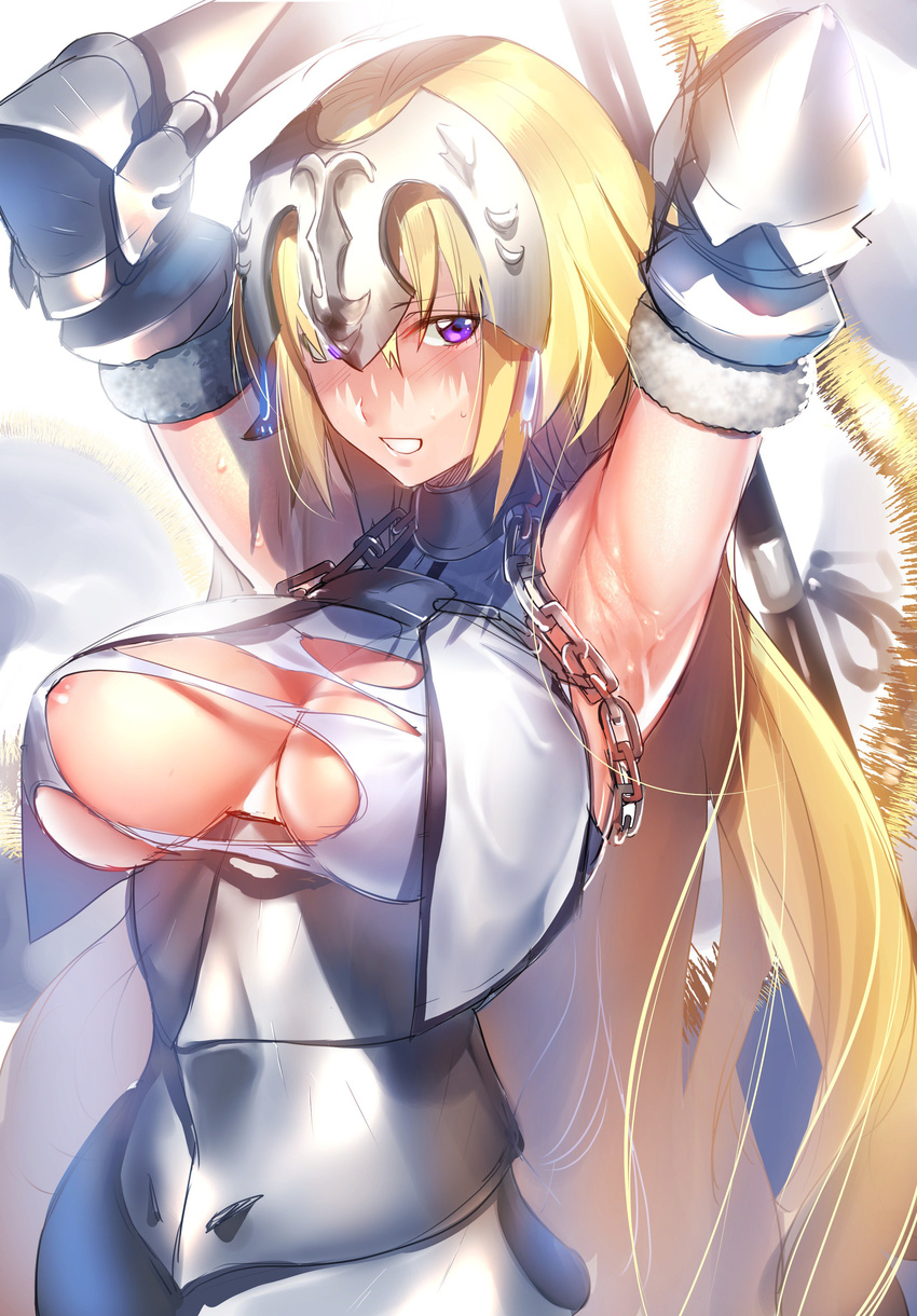 areola armor breasts fate/apocrypha fate/stay_night kurumiya_hato no_bra open_shirt ruler_(fate/apocrypha) torn_clothes weapon wet