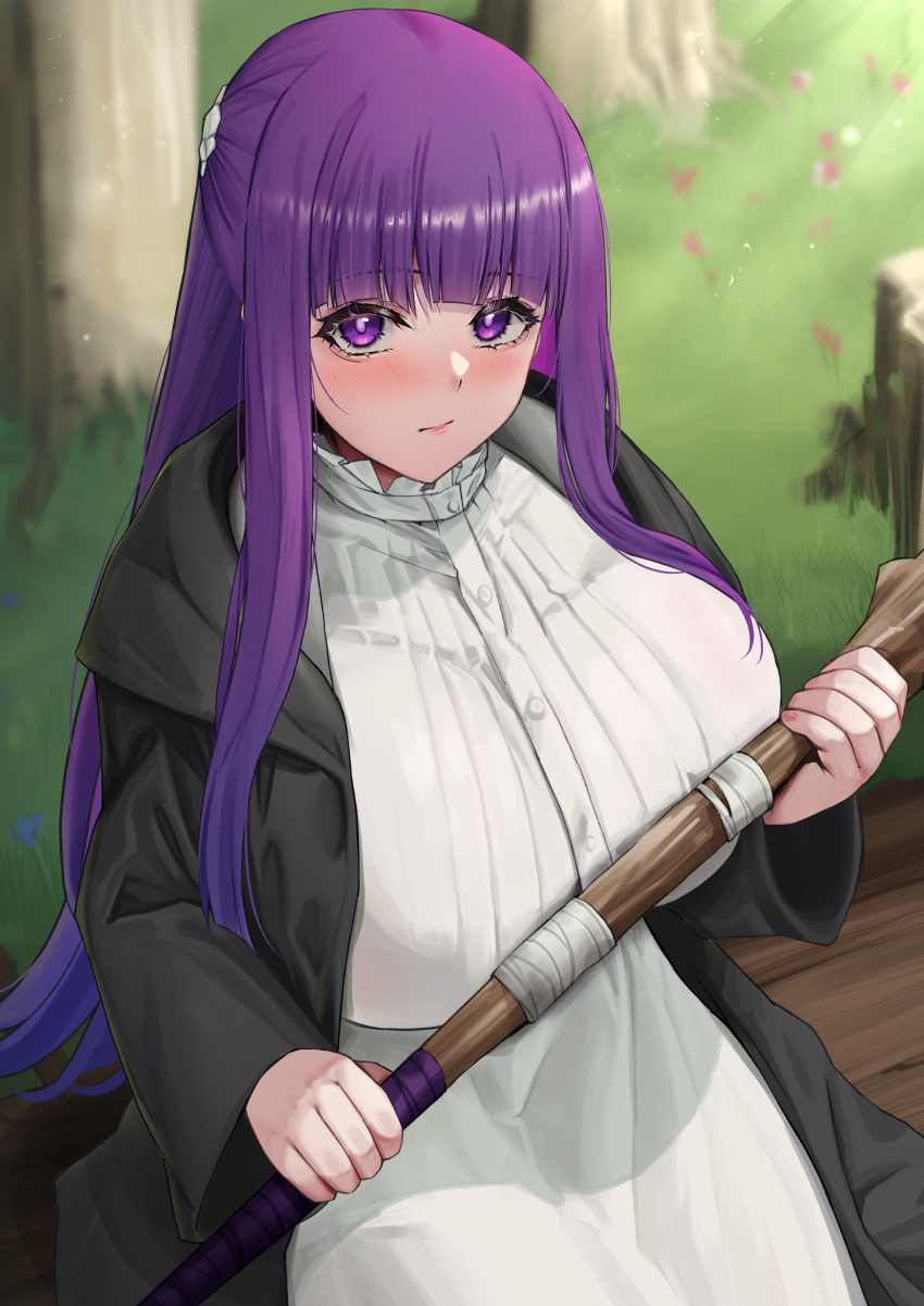 1girl absurdres black_coat blush breasts coat dress fern_(sousou_no_frieren) highres kuutamo large_breasts long_hair long_sleeves looking_at_viewer open_clothes open_coat purple_eyes purple_hair sidelocks solo sousou_no_frieren staff white_dress
