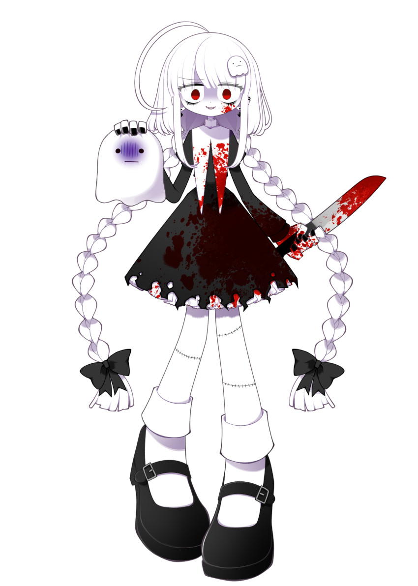 1girl black_bow black_dress black_footwear black_nails blood blood_on_clothes blood_on_dress blood_on_face blood_on_knife blood_on_weapon bow braid colored_skin dress funamusea funamusea_(artist) ghost ghost_hair_ornament gothic_lolita hair_bow hair_ornament highres holding holding_knife holding_weapon indie_virtual_youtuber knife lolita_fashion mochiko_(funamusea) nail_polish official_art red_eyes sandals socks solo stitched_hand stitched_leg stitches transparent_background weapon white_hair white_skin