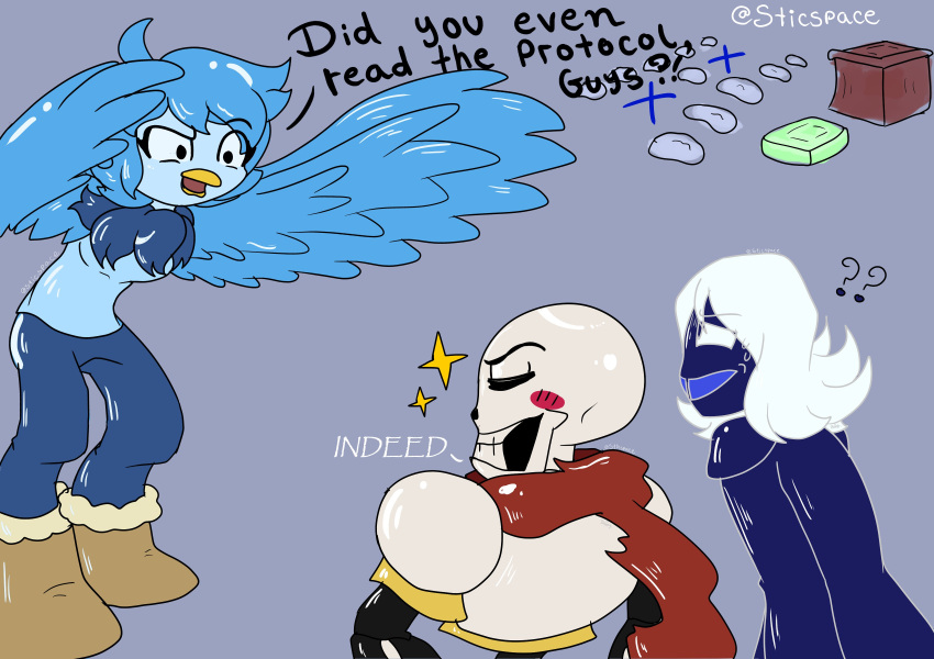 absurd_res avian beak bird blue_hair blush bone bottomwear clothing deltarune denim denim_bottomwear denim_clothing dialogue female group hair hi_res jeans male martlet_(undertale_yellow) neck_tuft pants papyrus_(undertale) rouxls_kaard skeleton sticspace tuft undertale undertale_(series) undertale_yellow white_hair wings