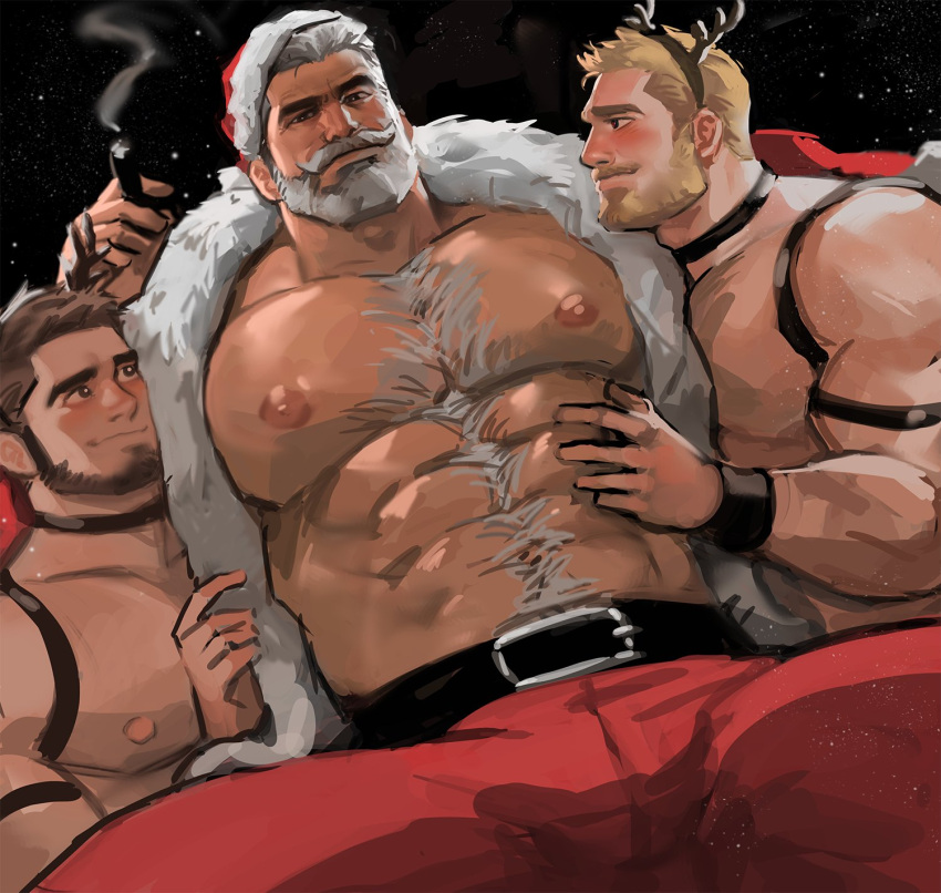 abs antlers arm_hair bara bare_pectorals beard blonde_hair blush boy_sandwich chest_hair christmas cigar dopey_(dopq) facial_hair feeling_muscles from_below full_beard hairy hand_on_another's_stomach highres large_pectorals male_focus mature_male muscular muscular_male navel navel_hair nipples original pectorals reindeer_antlers sandwiched santa_claus santa_costume short_hair smoke solo_focus spread_legs strongman_waist thick_beard thick_chest_hair thick_eyebrows thick_thighs thighs wavy_mouth yaoi