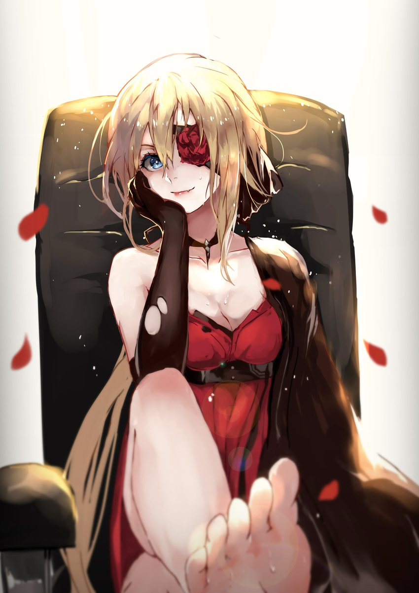 absurdres blonde_hair blue_eyes breasts chair chin_rest choker cleavage crossed_legs dress elbow_gloves eyepatch feet flower flower_eyepatch girls_frontline gloves highres long_hair looking_at_viewer low_ponytail medium_breasts petals ponytail rose rose_petals sitting toes torn_clothes torn_gloves vardan vz.61_(girls_frontline)