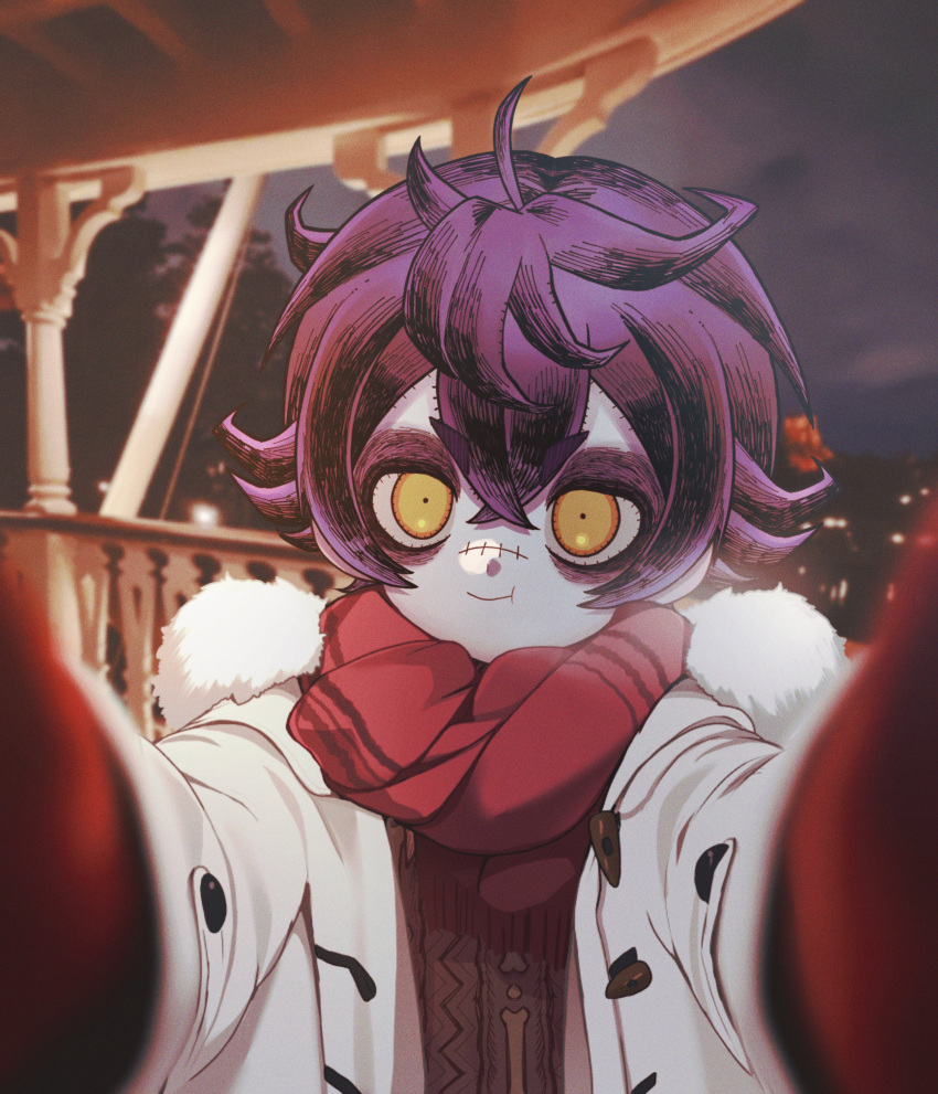 1boy absurdres androgynous coat freckles fur-trimmed_coat fur-trimmed_hood fur_trim ghostcrown gloves highres hood kazuya_seto looking_at_viewer male_focus meme mittens open_clothes open_coat pov pov_cheek_warming_(meme) purple_hair reaching reaching_towards_viewer red_gloves red_mittens red_scarf scarf setoya0102 smile stitches upper_body virtual_youtuber white_coat winter_clothes winter_coat winter_gloves yellow_eyes